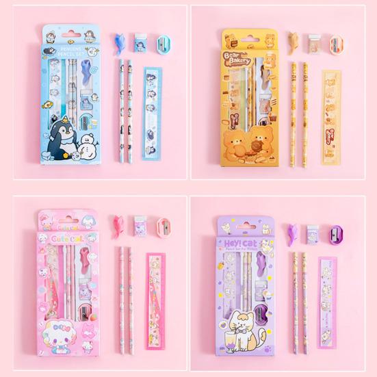 6Pcs Student Stationery Gift Set with Cute Packaging Cartoon Pencil Kit for Kids Elementary School Supplies Classroom Prize Birthday Favor