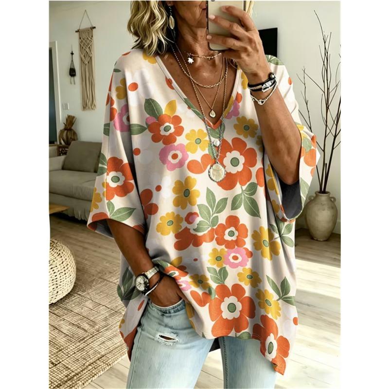 T-shirt da Donna Taglie Forti con Scollo a V e Maniche a Pipistrello Stampa Etnica Bohemien Top Largo Estivo Comodo Traspirante per il Pendolarismo Quotidiano Casual