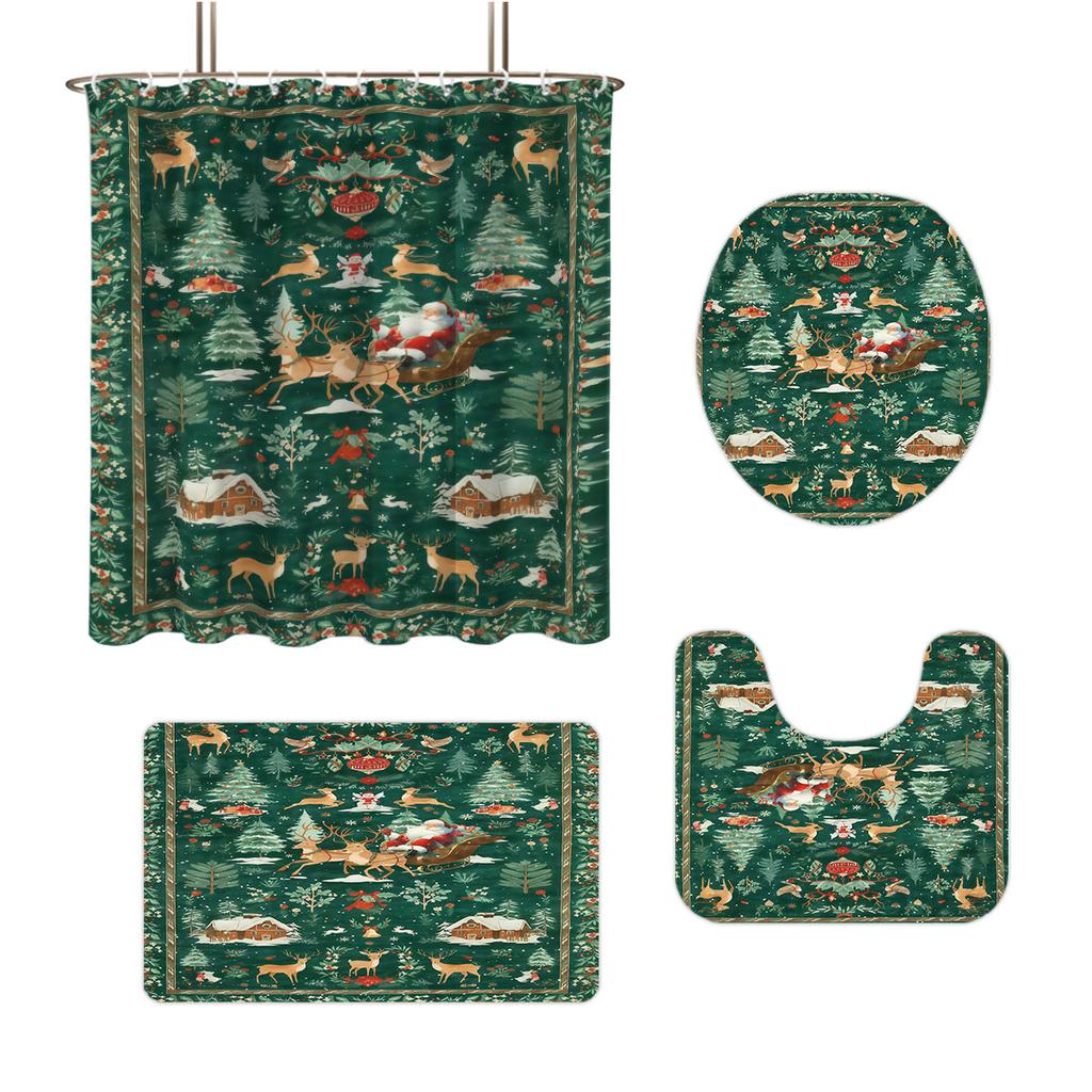 4pcs Christmas Green Forest Santa Claus Printed Bathroom Set 1pc Waterproof Shower Curtain Floor Mat Toilet Lid and U-shaped Pad