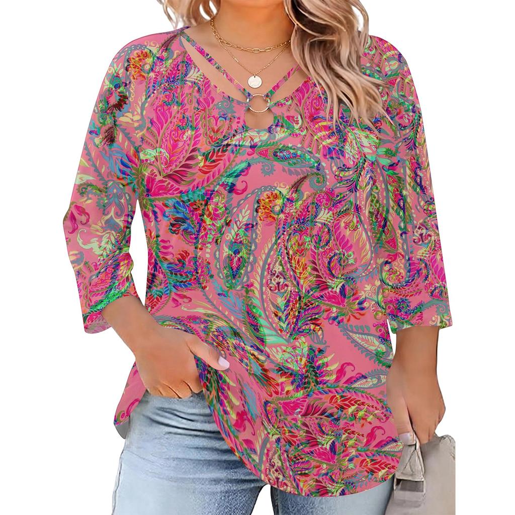Women's Plus Size Floral Print 3/4 Sleeve Casual Top, Fashionable Loose Fit Blouse for Everyday Wear and ,