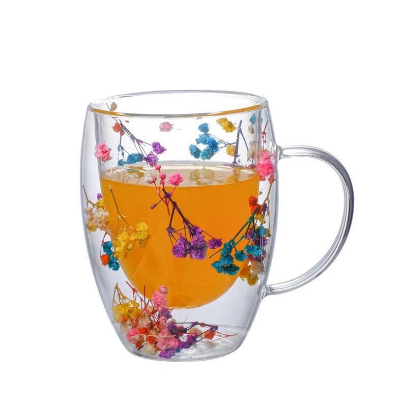 350 ml dobbelvegg kaffekrus med håndtak Klarmelkekopper Gaver Glasskoppfyll kunstig simulering Blomster tekopp