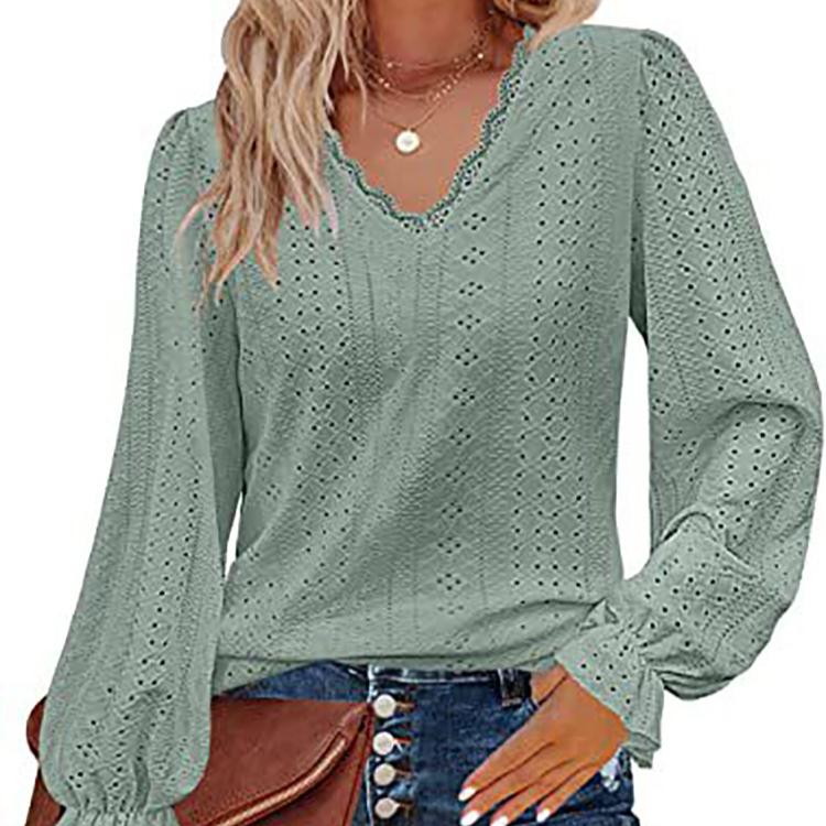 Camiseta Feminina Decote V Primavera Verão Outono Blusas Vazadas Casual Manga Pregueada Top Camisa