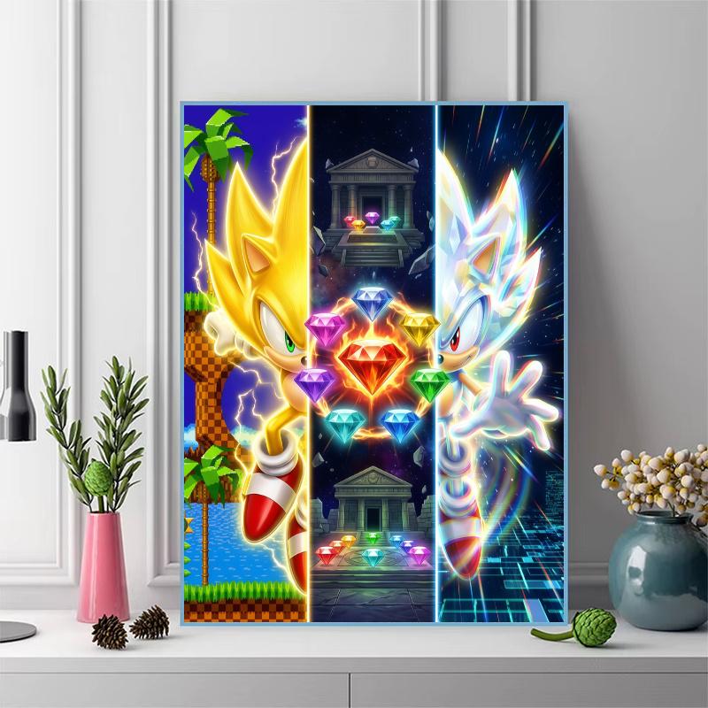 Sonic Super Emerald Battle Set Pattern 3pcs 100% Round Full Drill 5D DIY Diamond Painting Embroidery Cross Stitch Rhinestone Décor