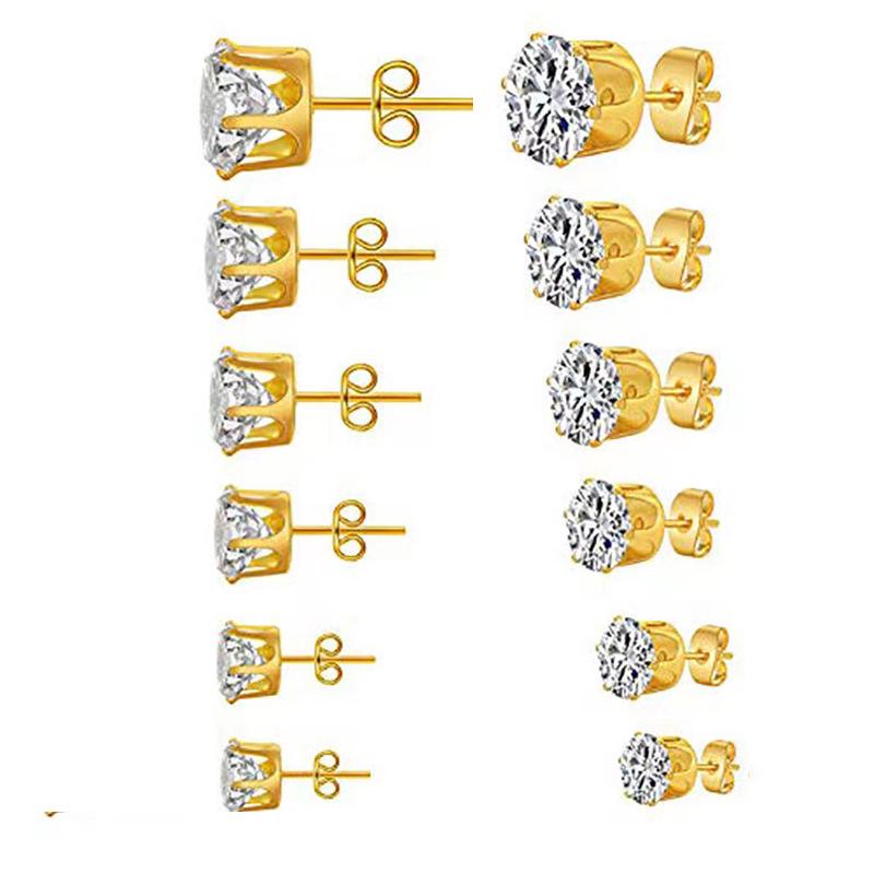 316L Stainless Steel Six-Prong Round Zirconia Stud Earrings - Unisex Anti-Allergy Jewelry