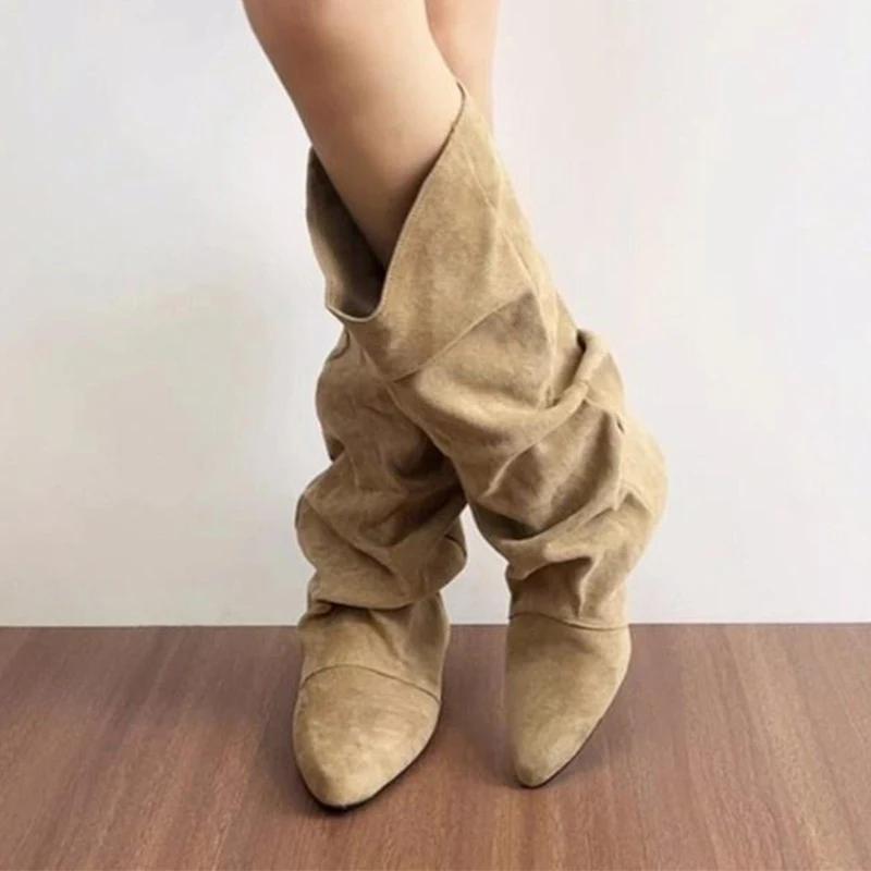 Flats Women Knee High Boots Suede Pointed Toe Designer Shoes Fashion Winter Long Boots  Chelsea Boots Brand Mujer