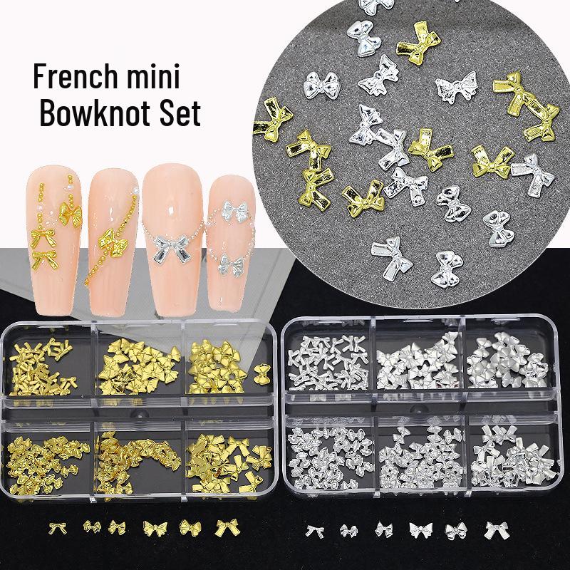 

French Alloy Bow Nail Art Decorations - 6-Grid Set of Mini Metal Bow Tie Rivets