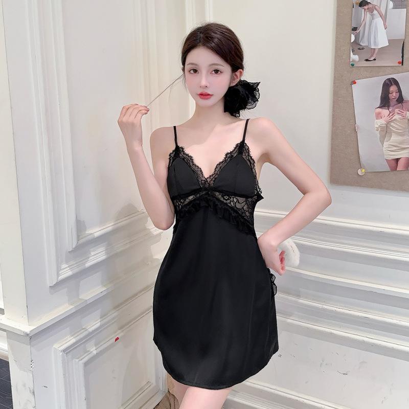 New Women's Summer Ice and Snow Silk Pajamas Ice Silk Sexy Suspender Pajamas Homewear French Pajamas Lace with Chest Pad