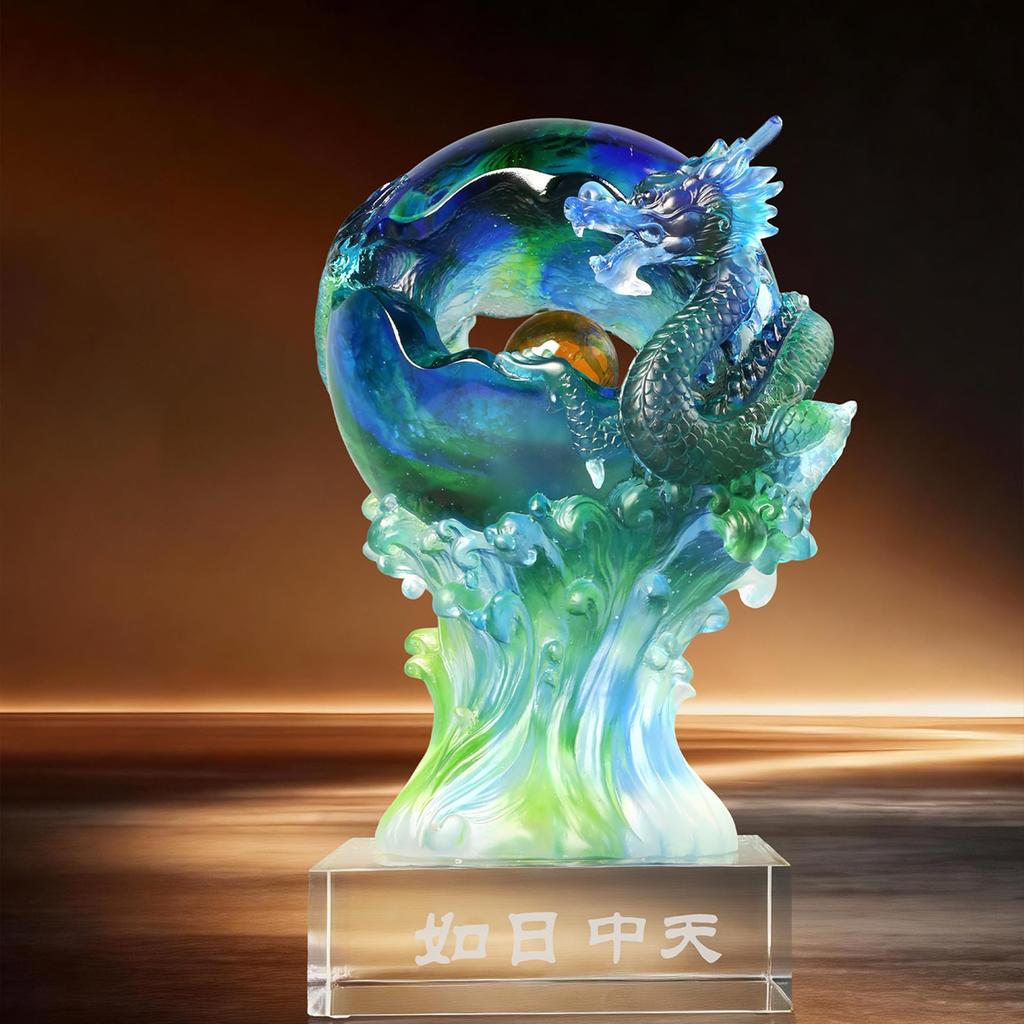 Aris & Juno Dragon LIULI Statue, Rising Sun Success Decor, Traditional Feng Shui Home Office