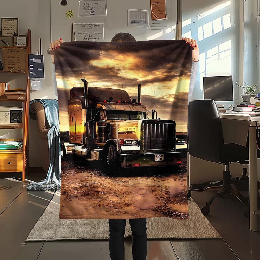 1Pc Truck Print Flannel Blanket, High quality Comfortable for All Seasons, Home Decor, Warmth and Comfort, Perfect for Christmas Gifts