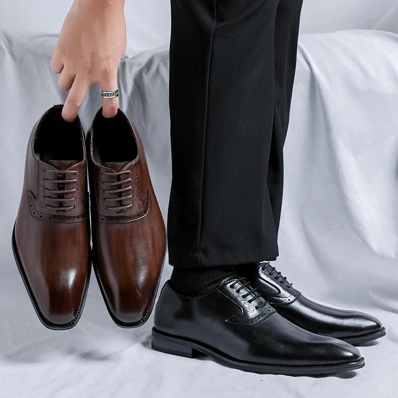 Men Wedding Dress Shoes Fashion Leather Shoes Pointed Lace-up Oxfords Business Shoe Formal Black Brogue Shoes Men Footwear