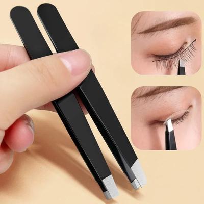 Edelstahl Schwarze Augenbrauenpinzette mit schräger und flacher Spitze Beauty-Tools für Wimpernpinzette & Entfernung eingewachsener Haare