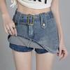 Women High Waist Slim Fit Denim Skort with Belt Solid Color Pockets Ultra-mini Skirt Fashion Accessories