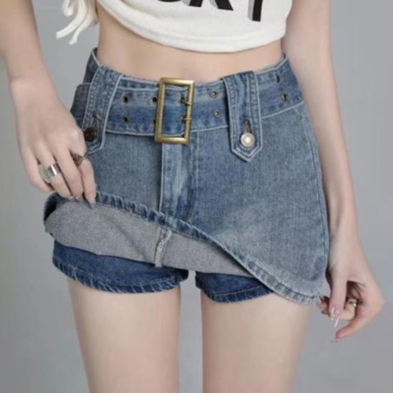 Women High Waist Slim Fit Denim Skort with Belt Solid Color Pockets Ultra-mini Skirt Fashion Accessories