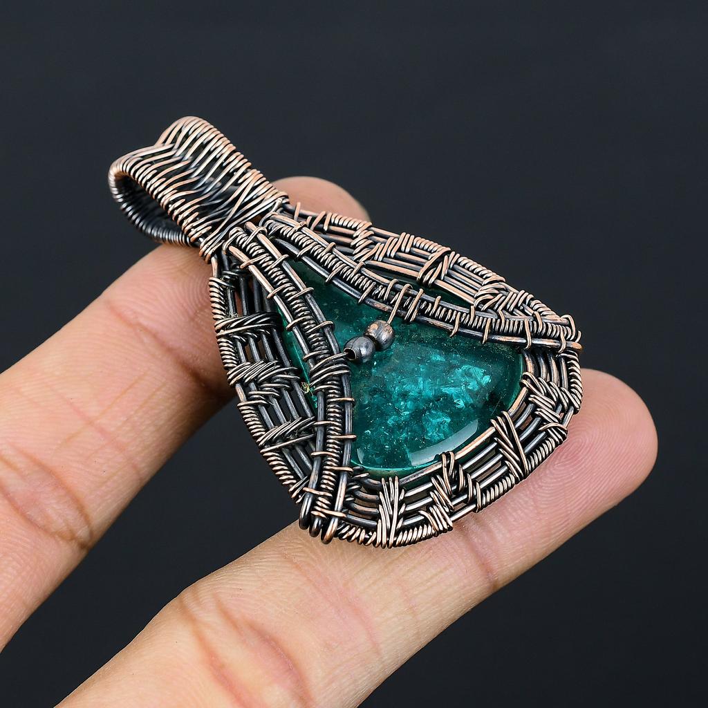 Natural Blue Baltic Amber Gemstone Handmade Copper Wire Wrap Pendant 2.24" F3E26