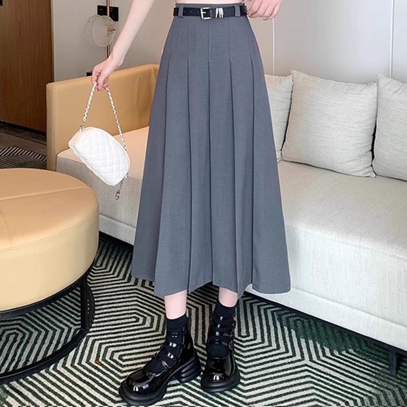 Women Vintage Solid Color JK Long Skirts Girls Elegant Comfortable Leisure Dress Female Sweet A-Line Zipper Pleated Skirts