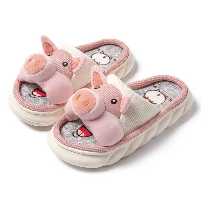 Cartoon Piggy Linen Slippers Women's Four Seasons Drag Breathable Thick Bottom Home Indoor Silent Non-slip Slippers