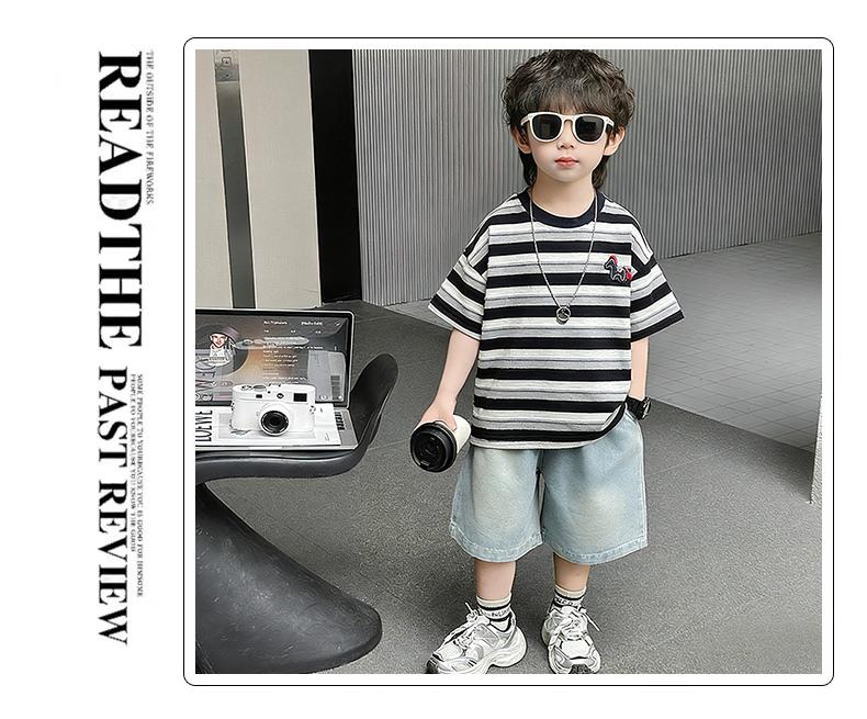 Boys' Summer Striped Short Sleeved Denim Shorts Two-piece Set, Children's Handsome and Versatile Casual Set, Thin