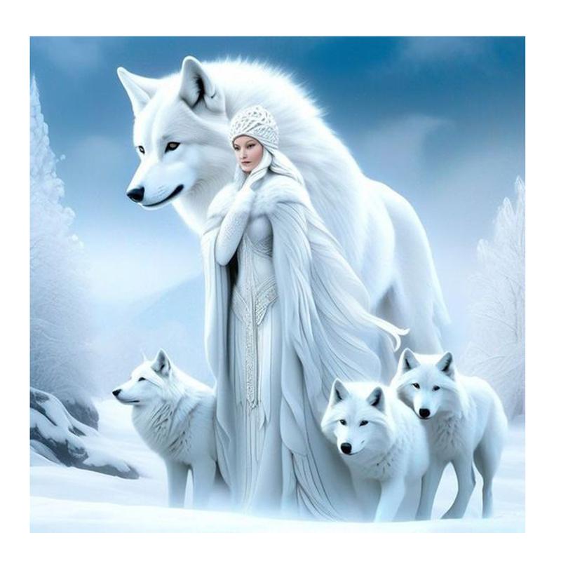 

5D DIY Алмазная картина, вышивка крестом, женщина и белый волк, полный квадратный набор для вышивки алмазами, мозаика, ремесла, украшение для дома, подарок Round 50x50cm