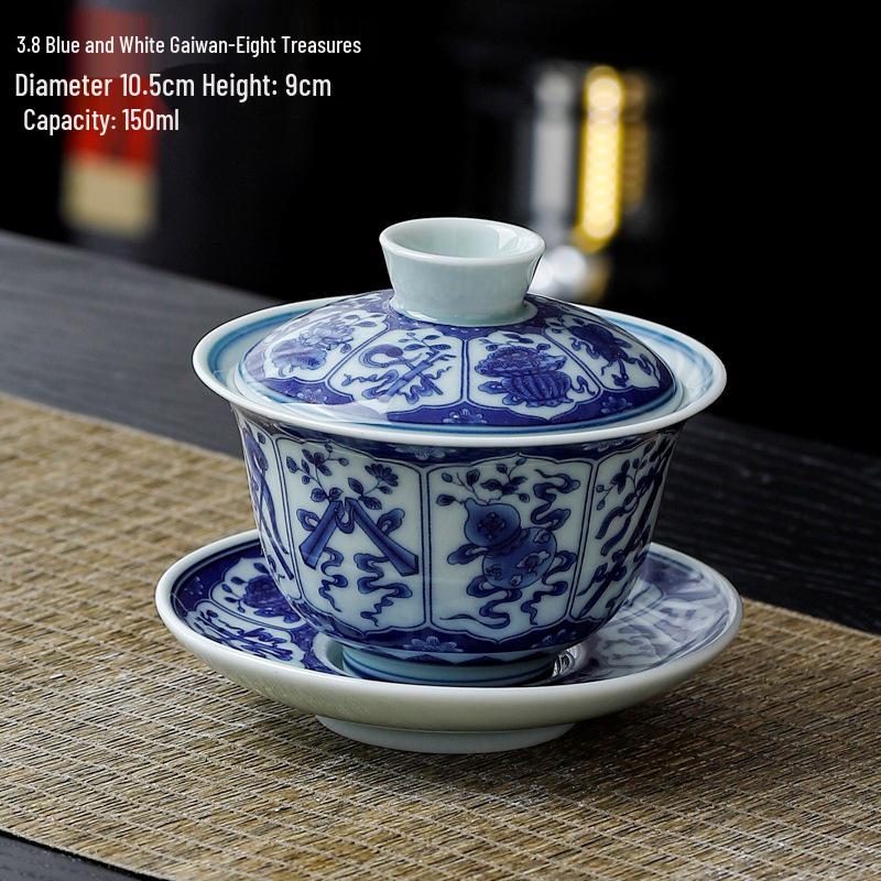 Large Blue & White Retro Sancai Gaiwan Ceramic Tea Cup with Infuser - Kung Fu Tea Set