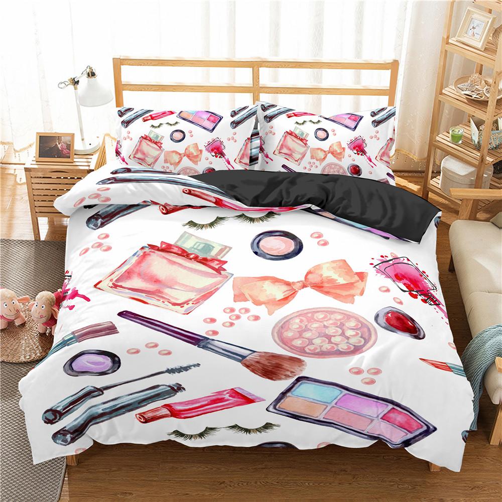 Makeup Lipstick Duvet Cover Set Cosmetic Pink Theme Polyester Comforter Cover for Girls Women Couple Bedding Set King Queen Size