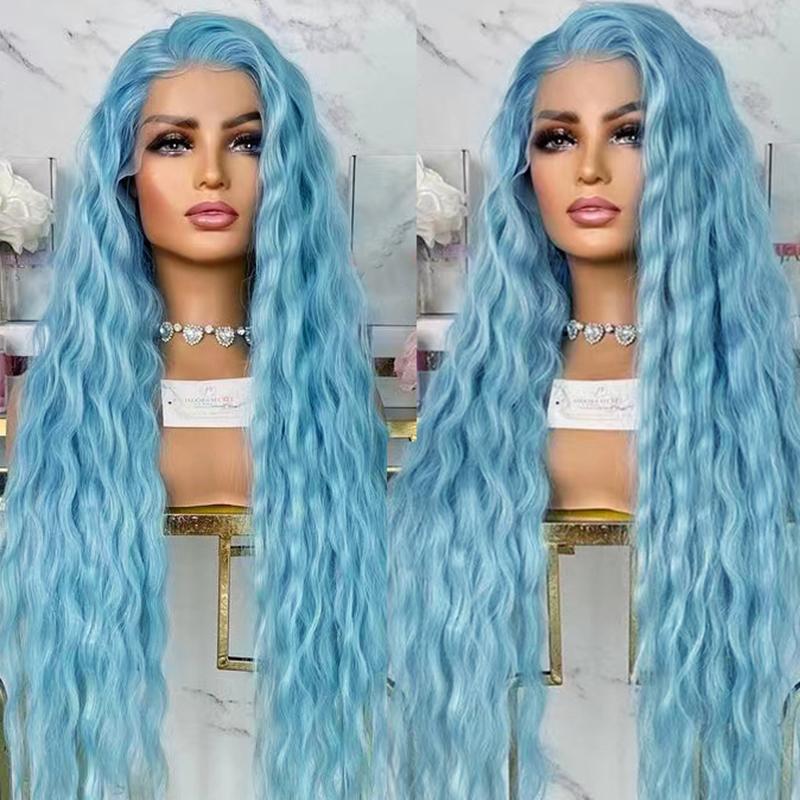 AIMEYA Blue Curly Wigs for Women Synthetic Lace Front Wig Long Loose Curly Blue Wig Heat Resistant Fiber Hair Wig Cosplay Party (Blue,26inchesLace Front) синий