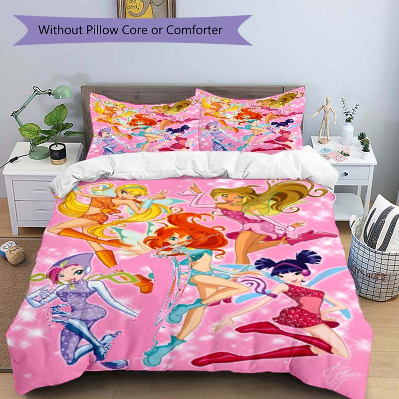 3pcs Duvet Cover Set (1*Duvet Cover + 2*Pillowcase, Without Core), Winx Club Print Bedding Set, Bedroom Decor, All‑Season, Gift