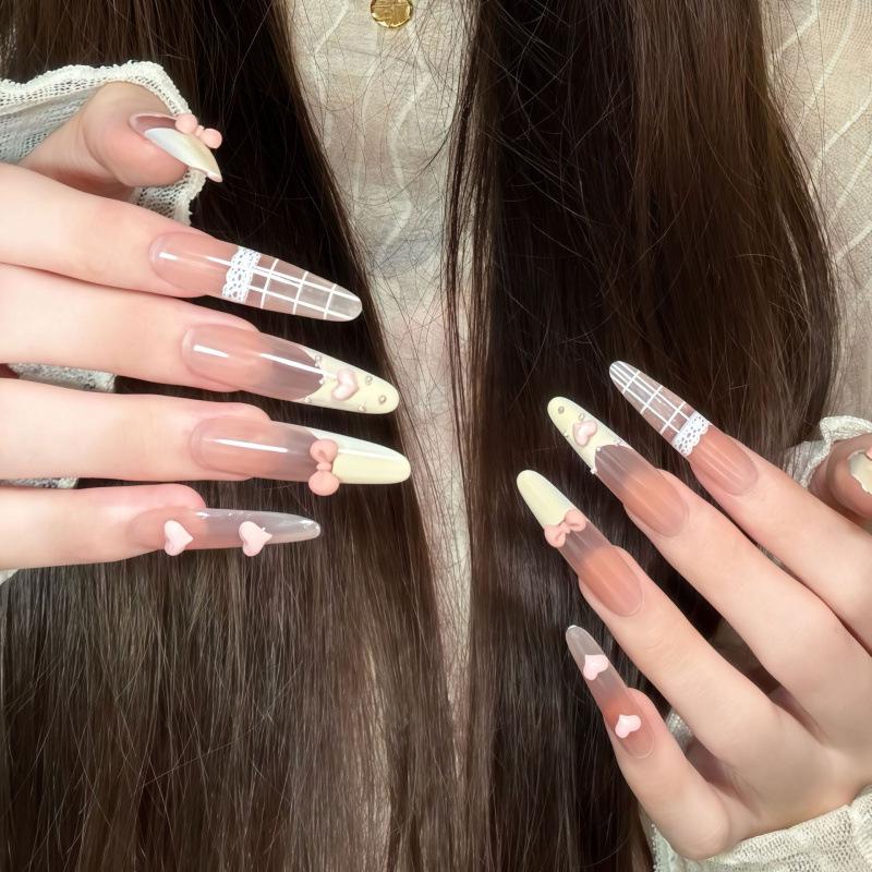 Semi-Handmade Sweet Girl Yellow Lace Press-On Nails with Bow Knot Design