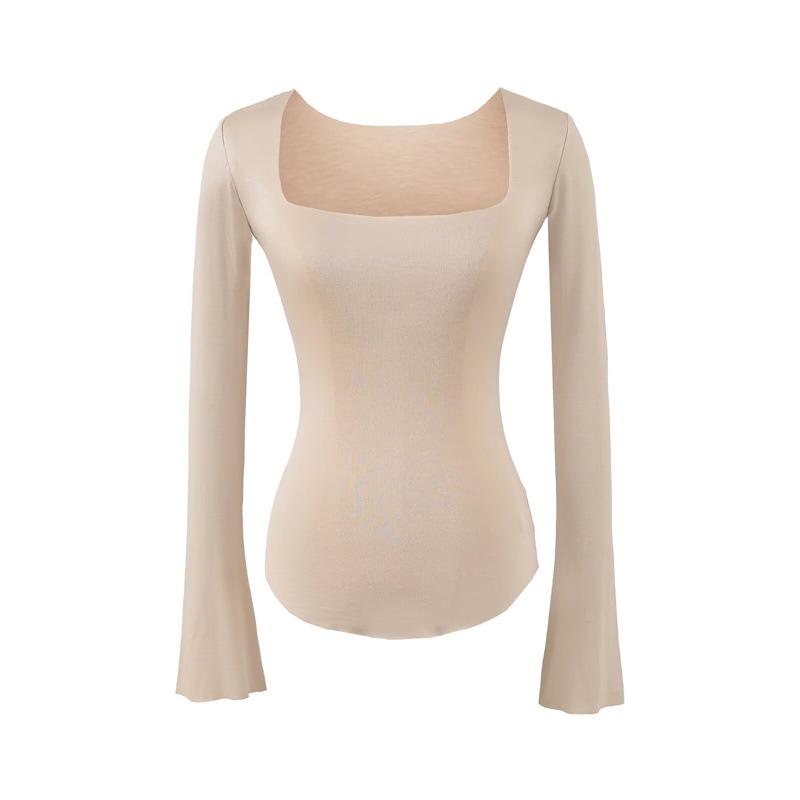 Koreanischer Stil Schlank geschnittenes Quadratischer Ausschnitt Glockenärmel Damen T-Shirt, Elegant Nische, Tailliert, Sexy Schlankmachendes Basisschicht Top