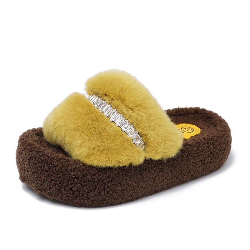 Thick-soled rhinestone fluffy slippers for women wearing new small trendy cotton slippers heightening shoes