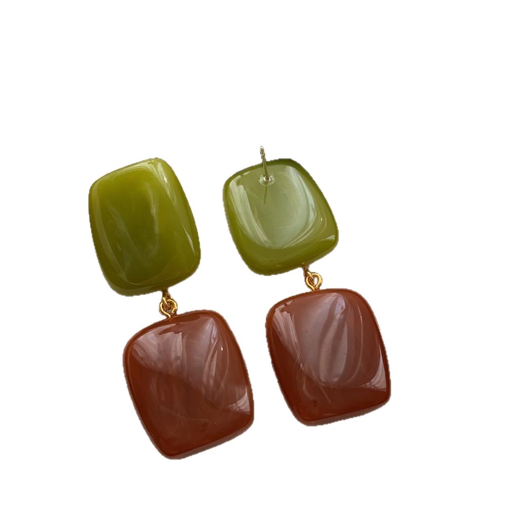 Rounded Square Resin Earrings, Earrings, Color Smudged Double-spell Retro Elegant High-end Natural Earrings.