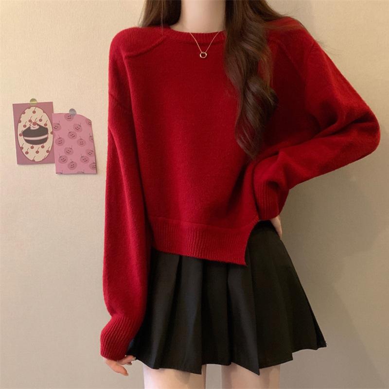 

Нестандартный короткий свитер женский осенне-зимний винтажный вязаный свитер свободный ленивый стиль пуловер круглый вырез повседневный однотонный свитер M красный