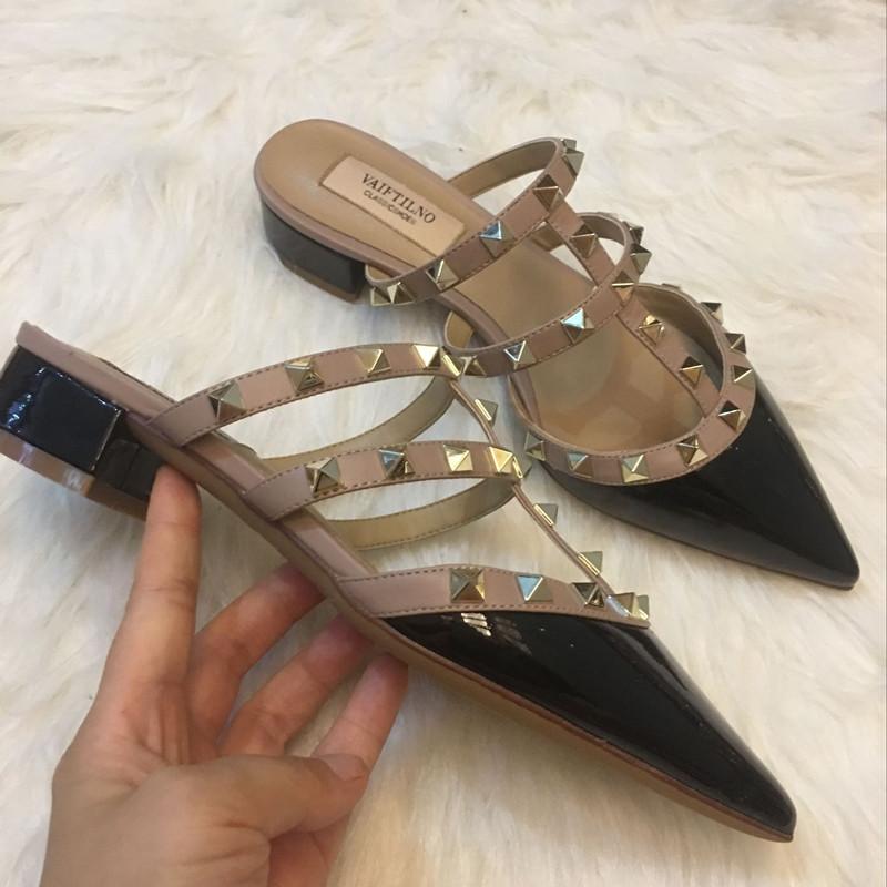 Spring and summer new rivets patent leather thick heel pointed head middle heel bag head lazy versatile half drag wear sandals women's shoes