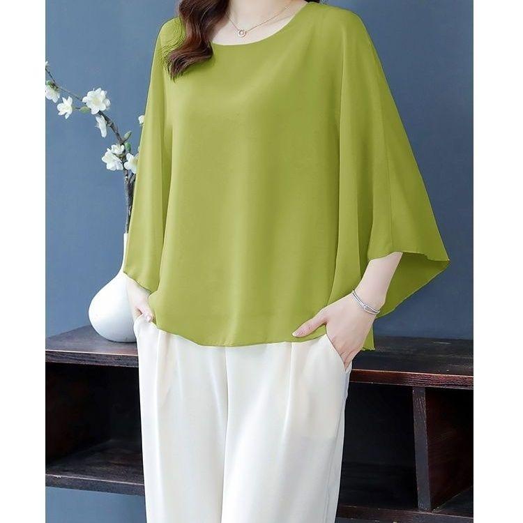 4XL Fledermaus-Shirt Sommer Damen Locker T-Shirt Kleines Shirt Frühling/Sommer Groß Knitterarm und Elegant Chiffon-Oberteil Grün