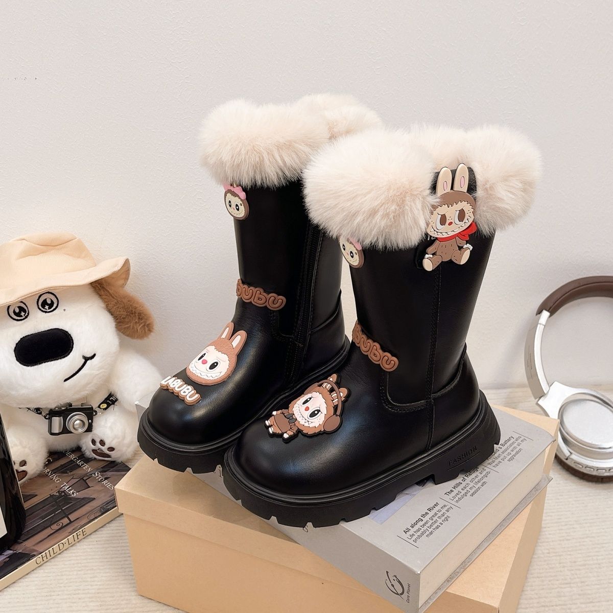 

Girls Leather Boots, Princess Furry Boots, Winter Children s Warm High Boots 37