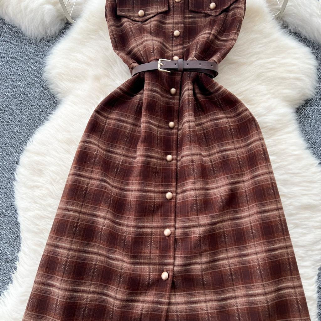 Herbst Winter Damen Vintage V-Ausschnitt Kariert Einreihig Lang Midi Tweed Tank Kleider mit Gürtel