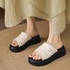 Krazing Pot Cow Skin Summer Size 40 Outside Slippers Thick Bottom Flat Platform Pleated Decoration Women Flip Flops Sandals
