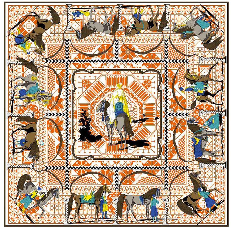 100%Silk Women Scarf Luxury Brand Europe Design Foulard 130*130cm  Horses  Knights Print Square Scarves Fashion Shawls Wraps