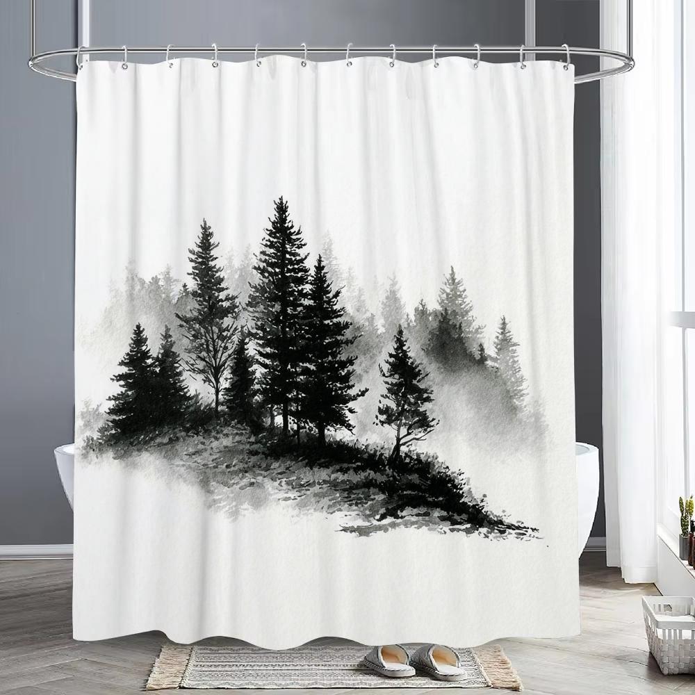 Misty Forest Scenery Shower Curtain, Bathtub Bathroom Decorative Shower Curtain, Waterproof Shower Curtain With Hooks