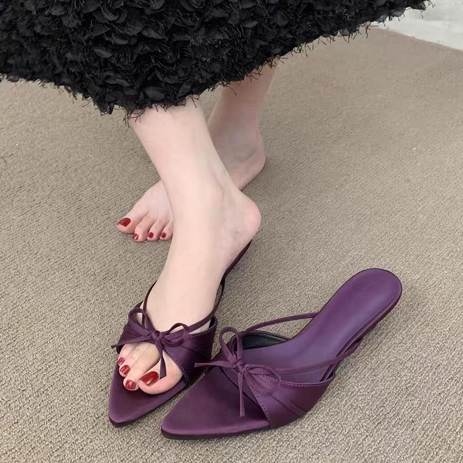 2025 Summer New Large Size Rhinestone Mesh Pointed Fish Mouth High Heels Thin Heel Sexy One Word Cool Slippers Half Drag