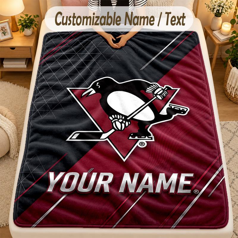 Flannel BlanketPittsburgh Penguins Custom Name Text Personalized Soft Warm Throw Blanket Home Decor Gift