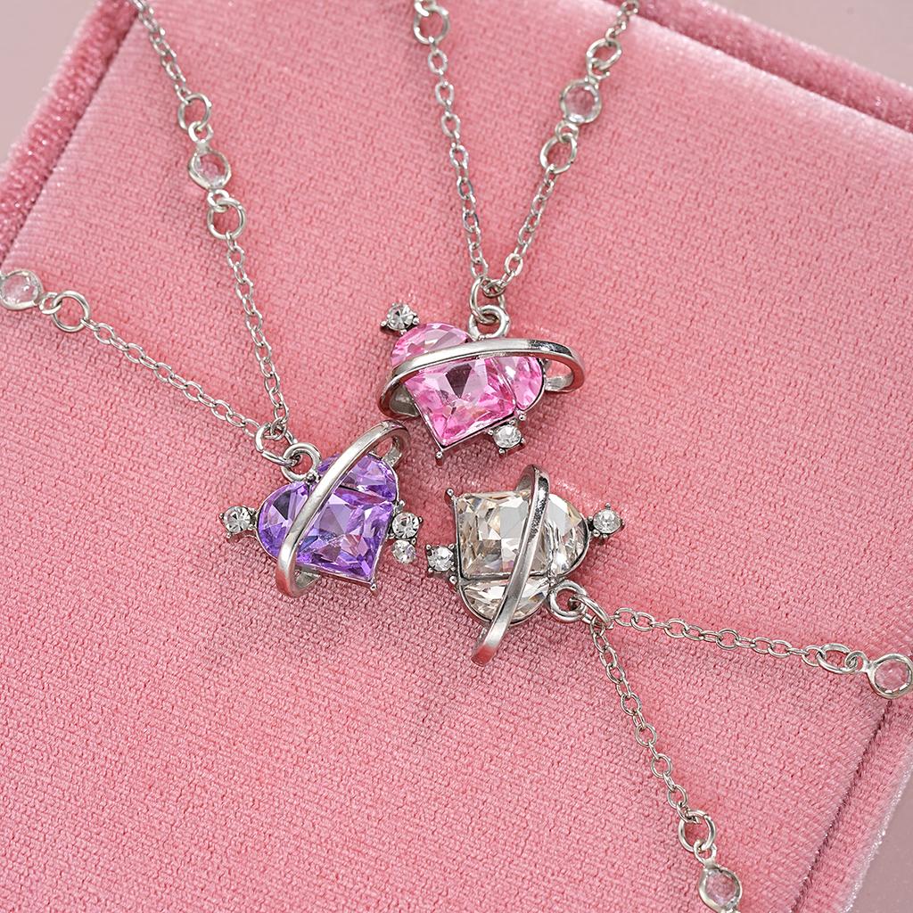 3 Pcs Crystal Heart Planet Pendant Necklace Set for Women Fashion Y2K Zircon Aesthetic Charm Clavicle Chain Party Girl Jewelry