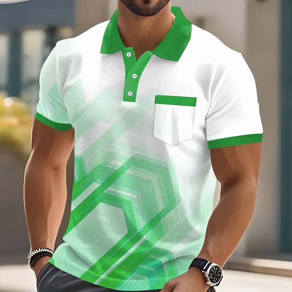 Trendy Short Sleeve Polo Shirt, Geometric Pattern, Casual Men's Top
