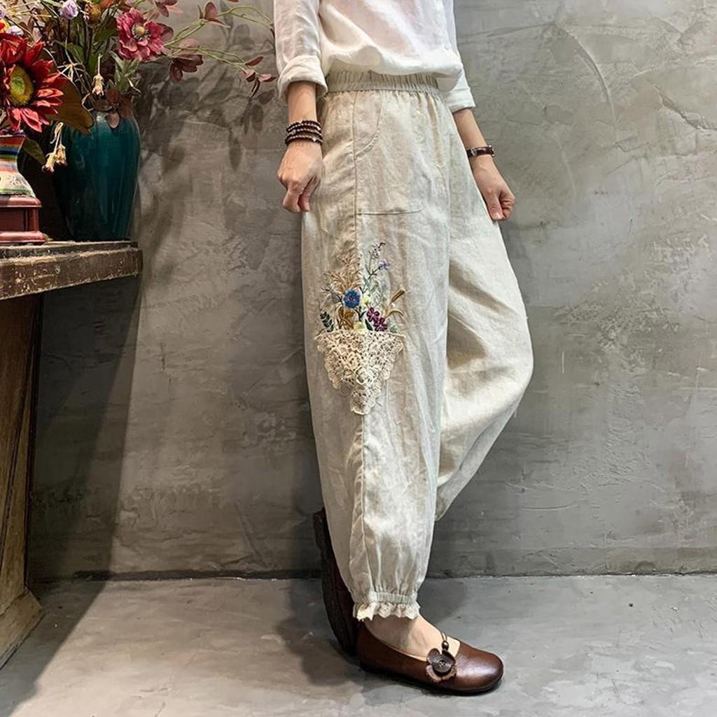 מכנסי קז'ואל לנשים נוחים עם כיס אלסטי נושמים מכנסיים כותנה פשתן הרג'וקו מכנסי מותן רפויים מכנסי אופנה קוריאנית