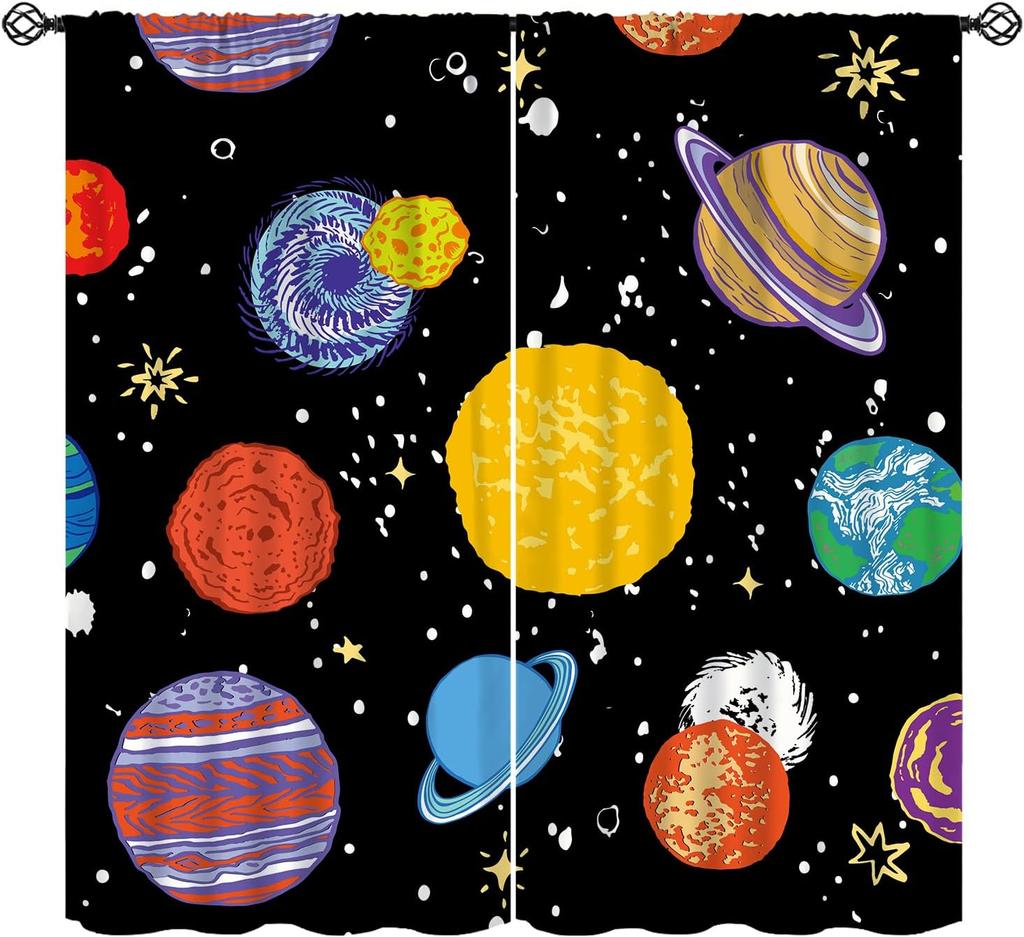 Solar System Window Curtains, Outer Space Space Astronaut Galaxy Window Treatments for Kids Boys Girls Bedroom Living Room