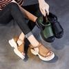 Johnature Scarpe da Donna in Vera Pelle con Suola Spessa Peep Toe Retro Sandali con Zeppa Comodi