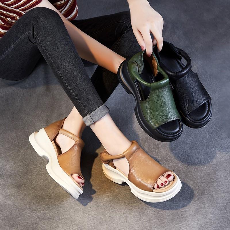 Johnature Scarpe da Donna in Vera Pelle con Suola Spessa Peep Toe Retro Sandali con Zeppa Comodi