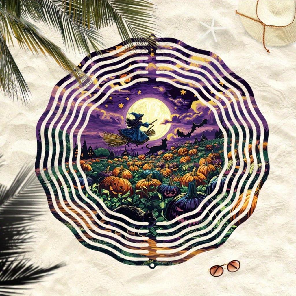 Halloween Metal Wind Chime with Witch Broomstick Pumpkins Moon Design Outdoor Garden Decor for Holiday Christmas Thanksgiving