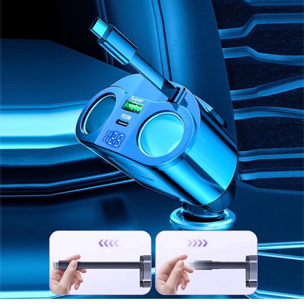 PD30W Einziehbarer Autoladegerät, 5-in-1 Schnelllade-Autoladegerät 120W mit Digitalanzeige Autoladegerät-Adapter Autozubehör Für iPhone, Samsung