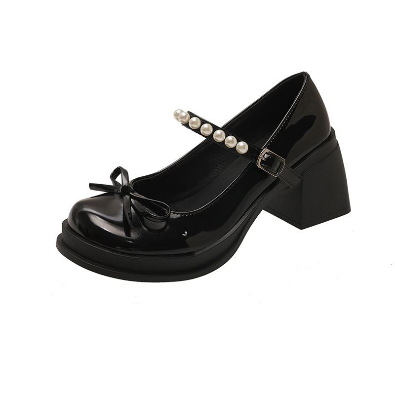 Mary Jane Shoes Women's 2025 Autumn New Fashion Single Shoes Sweet Bow Thick Heel Pearl Small Leather Shoes