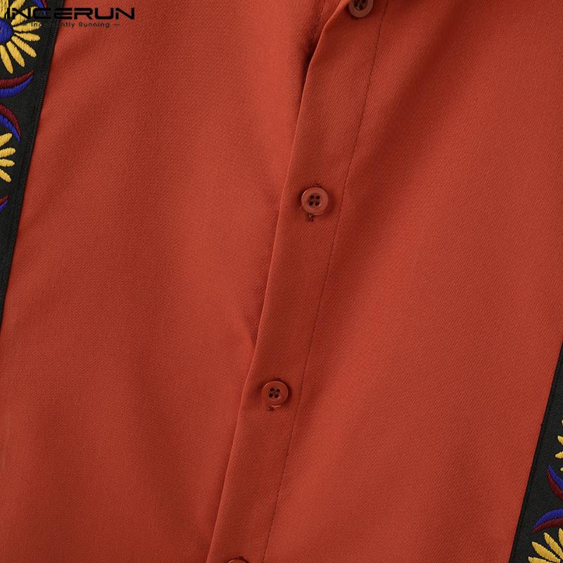INCERUN Summer Men Lapel Short Sleeve Button Embroidery Casual Loose Short Shirts
